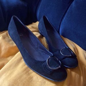 Stuart Weitzman black Suede Buckle Kitten Heels